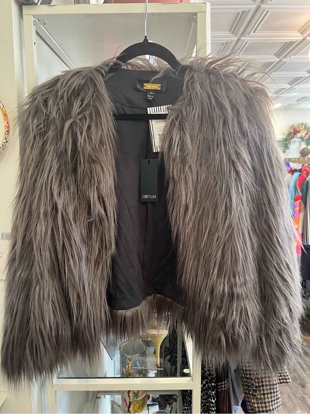 Greylin Taupe Long-Shag Faux Fur Crop Jacket NWT